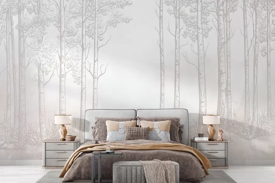 stenske poslikave Gozd z brezami, minimalizem, narava, bež barvna paleta  w04009v3