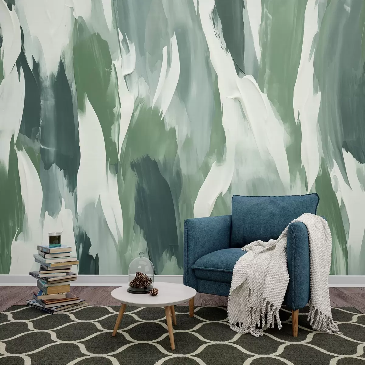 stenske poslikave Abstraktna tekstura s krepkimi zelenimi in kremnimi potezami čopiča, ki spominja na ritem vetrovnega listja in organsko gibanje w04035