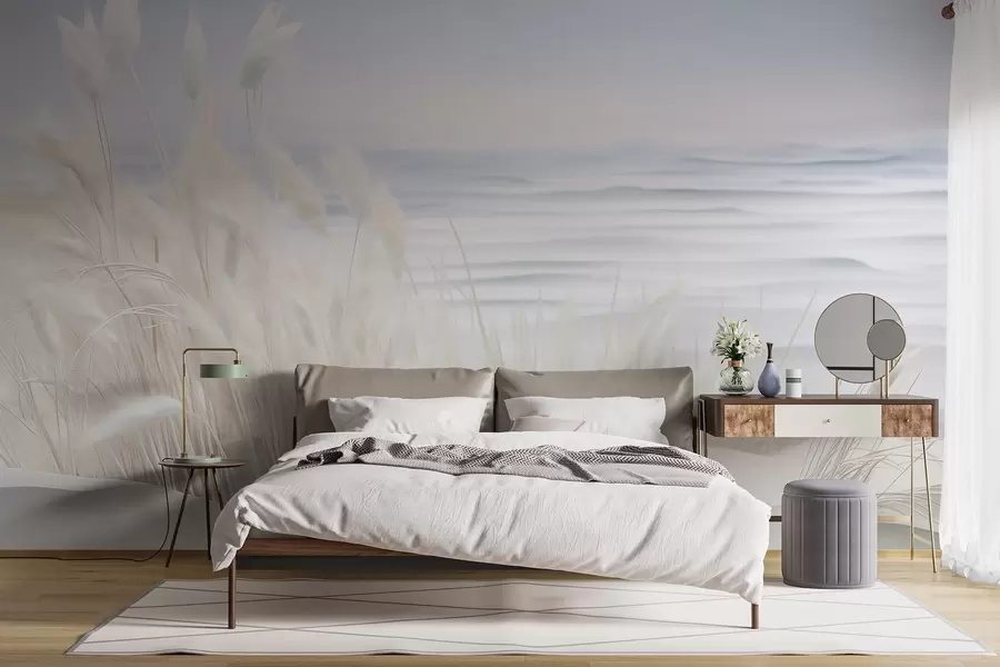 stenske poslikave Pokrajina z belo pampasovo travo na peščeni sipini, s svetlo modrim oceanom v ozadju, v mehkem, minimalističnem slogu w09132