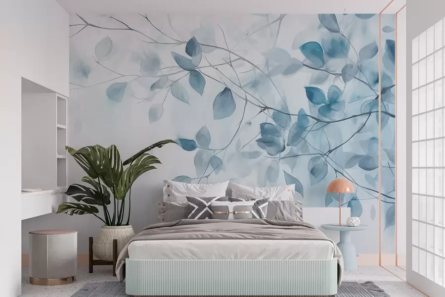 stenske poslikave Teksturalno akvarelno slikarstvo, imitacija modrih listov in vej, mehke barve, občutljive podrobnosti na belem ozadju w09133v1