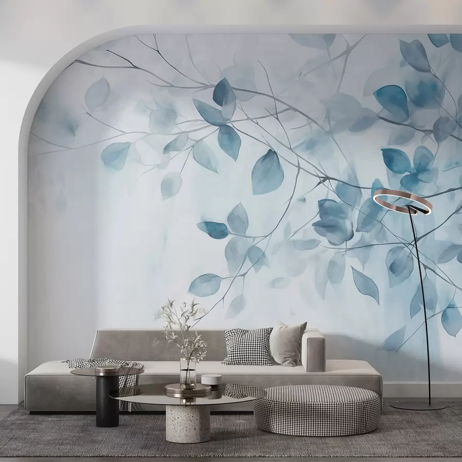 stenske poslikave Teksturalno akvarelno slikarstvo, imitacija modrih listov in vej, mehke barve, občutljive podrobnosti na belem ozadju w09133v1