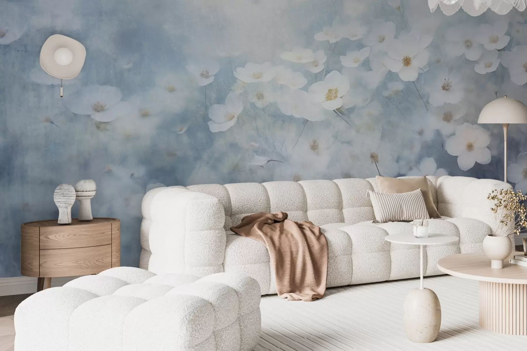 stenske poslikave Teksturalno polje belih cvetov anemone, mehka ostrina, sanjsko vzdušje, svetlo modra in bela barvna paleta, spomladanski travnik w09134