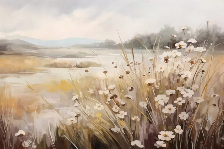 stenske poslikave Polje visoke trave in belih marjetic, drevesa v ozadju, pod oblačnim nebom, teksturirana pokrajina, mehke poteze čopiča w09139