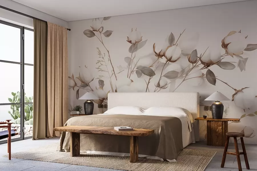 stenske poslikave Bombažno cvetje s stebli in listi v svetlo rjavi barvni paleti, bež ozadje, mehko in občutljivo, akvarelni slog w09141