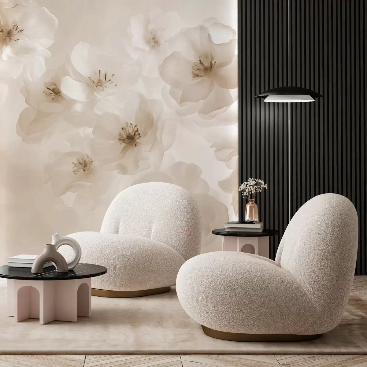 stenske poslikave Nežni veliki cvetovi, bež odtenki w03931v2