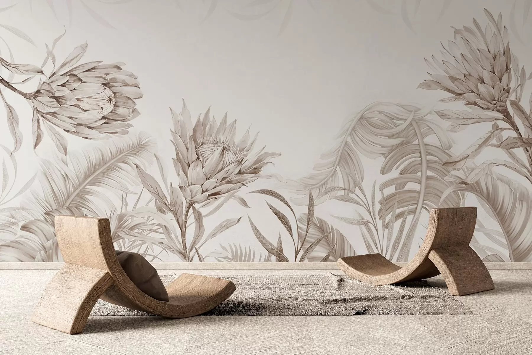 stenske poslikave Proteja med tropskimi listi, bež odtenki w03952