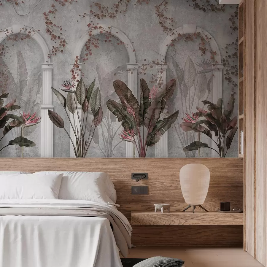 stenske poslikave Betonska stena z loki in tropskimi rastlinami, cvetličnimi, bordo barvami w04065v1