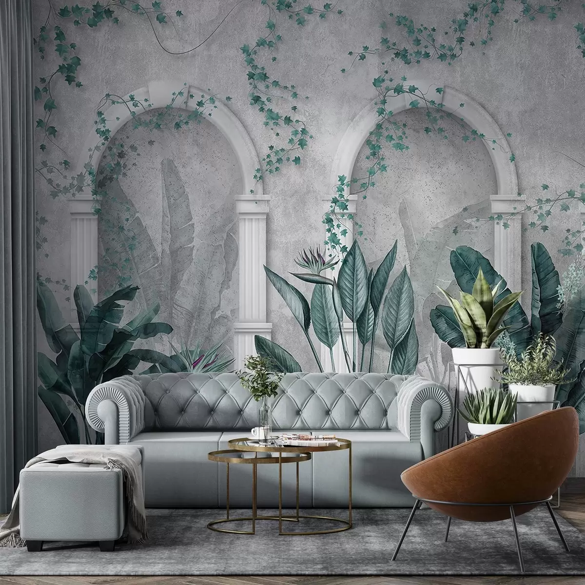 stenske poslikave Betonska stena z loki in tropskimi rastlinami, cvetličnimi, modrimi barvami w04065v2