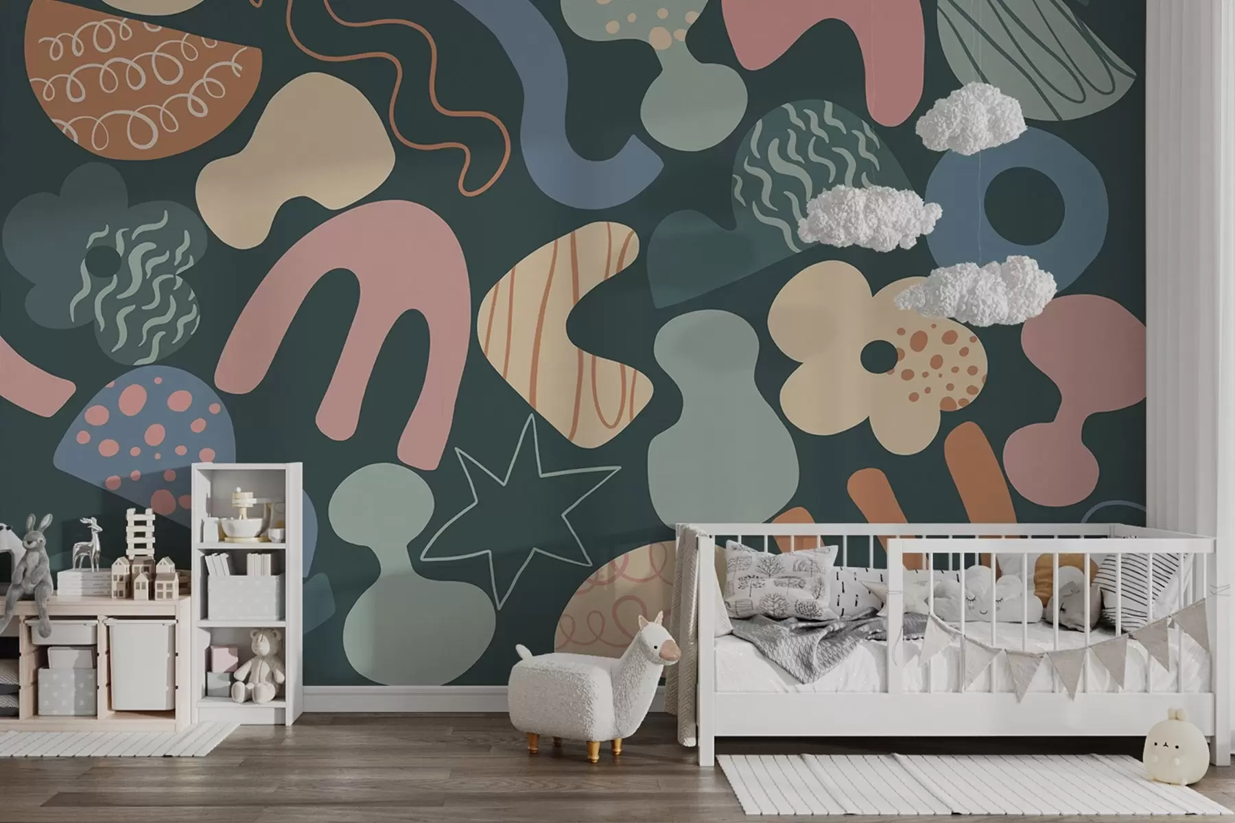 stenske poslikave Geometrijske figure z risbo, mladostnik, temno zeleno ozadje   w04068v3