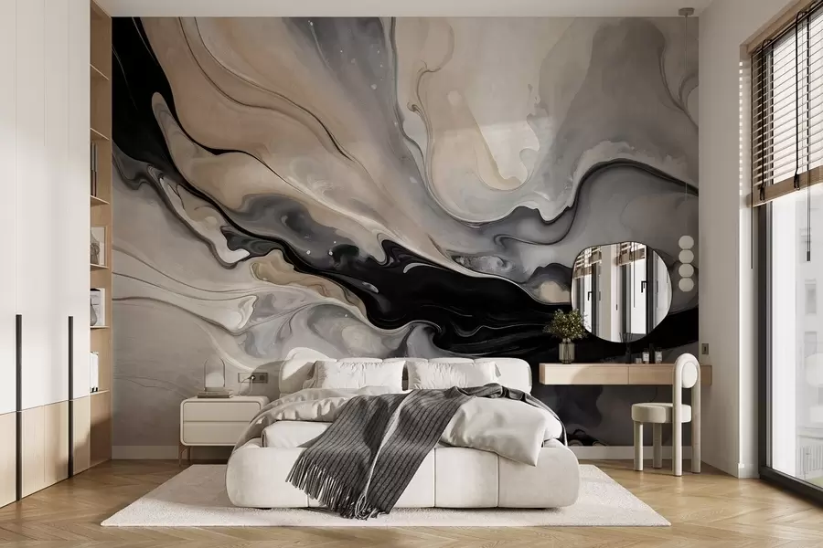 stenske poslikave Abstraktna tekoča teksturirana slika v odtenkih črne, bele, sive in bež imitacije marmorja w09160