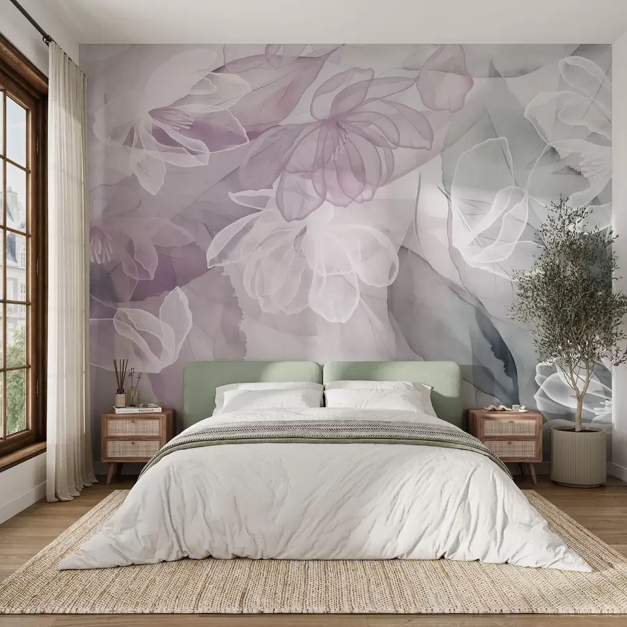 stenske poslikave Cvetovi in listi s prozornimi cvetnimi listi v belih, rožnatih in zelenih odtenkih, mehki in nežni w09158v1