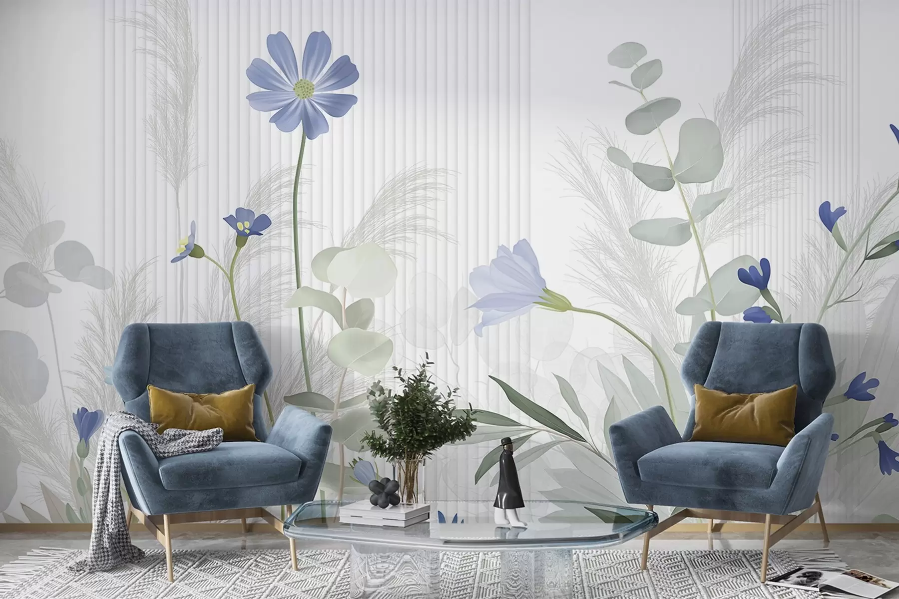 stenske poslikave Cvetje v pastelnih barvah, svetlo zeleni listi, belo ozadje z navpičnimi črtami, elegantno in minimalistično  w09161v1