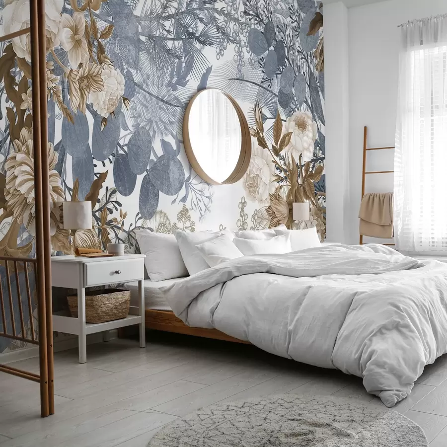 stenske poslikave Vintage cvetlični aranžma z vrtnicami, evkaliptusom in mimozo v modrih in rjavih odtenkih  w09164