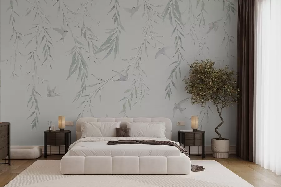 stenske poslikave Veje z zelenimi listi in pticami w04052