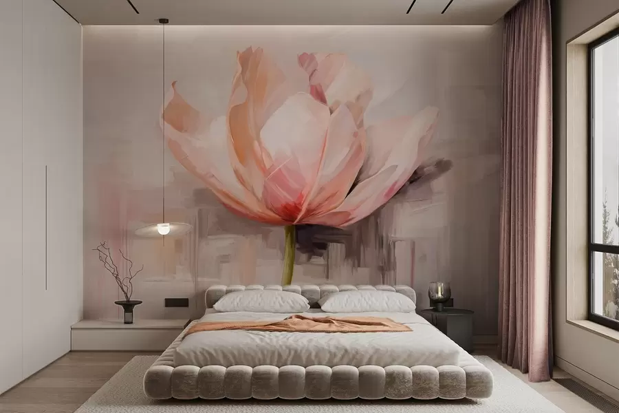 stenske poslikave Roza tulipan, imitacija oljne slike z mehkimi potezami čopiča, abstraktno ozadje s pastelnimi odtenki sive in bež barve w09187