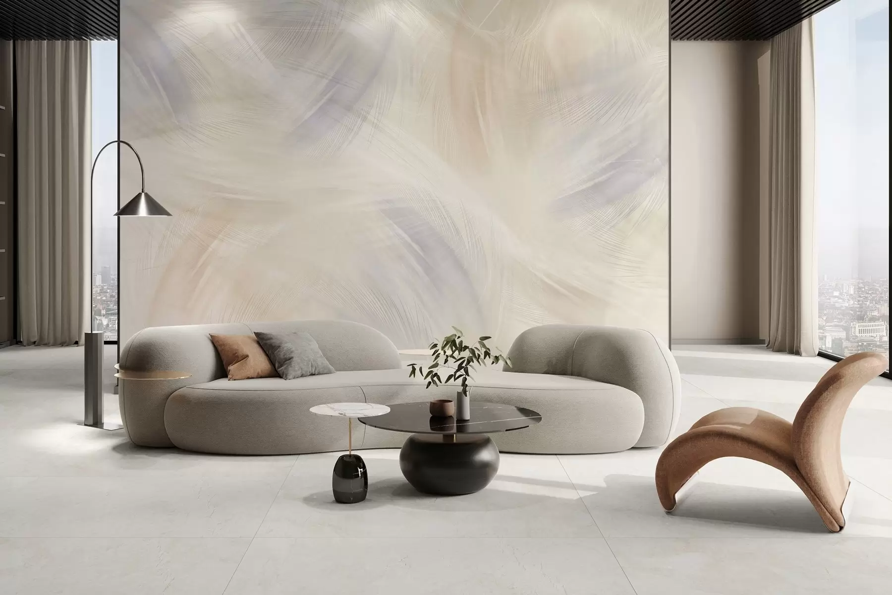 stenske poslikave zračno perje v modrih in bež odtenkih w04071v2