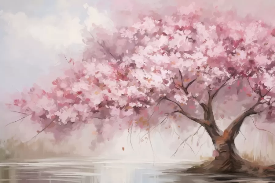 stenske poslikave Abstraktno rožnato cvetoče drevo v polnem razcvetu ob reki, mehke teksturirane poteze čopiča in pastelne barve w09193