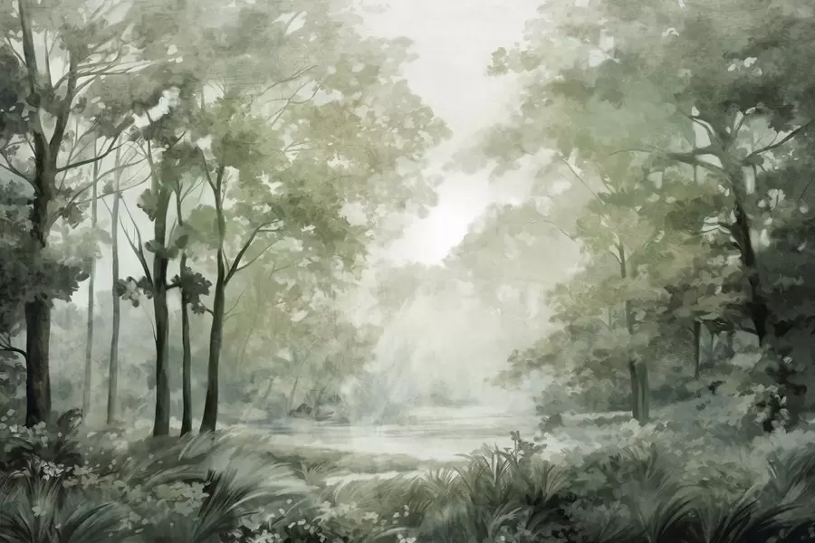 stenske poslikave Teksturirana gozdna pokrajina, drevesa z zelenimi listi, pastelna barvna paleta w09210v2