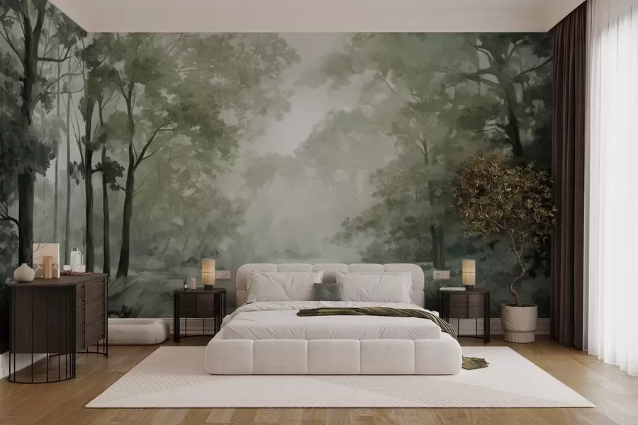 stenske poslikave Teksturirana gozdna pokrajina, drevesa z zelenimi listi, pastelna barvna paleta w09210v2