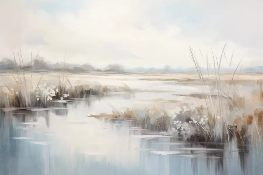 stenske poslikave Teksturirana mirna pokrajina z visoko travo in mirno vodo, mehke pastelne barve, oddaljena drevesa na obzorju w09213
