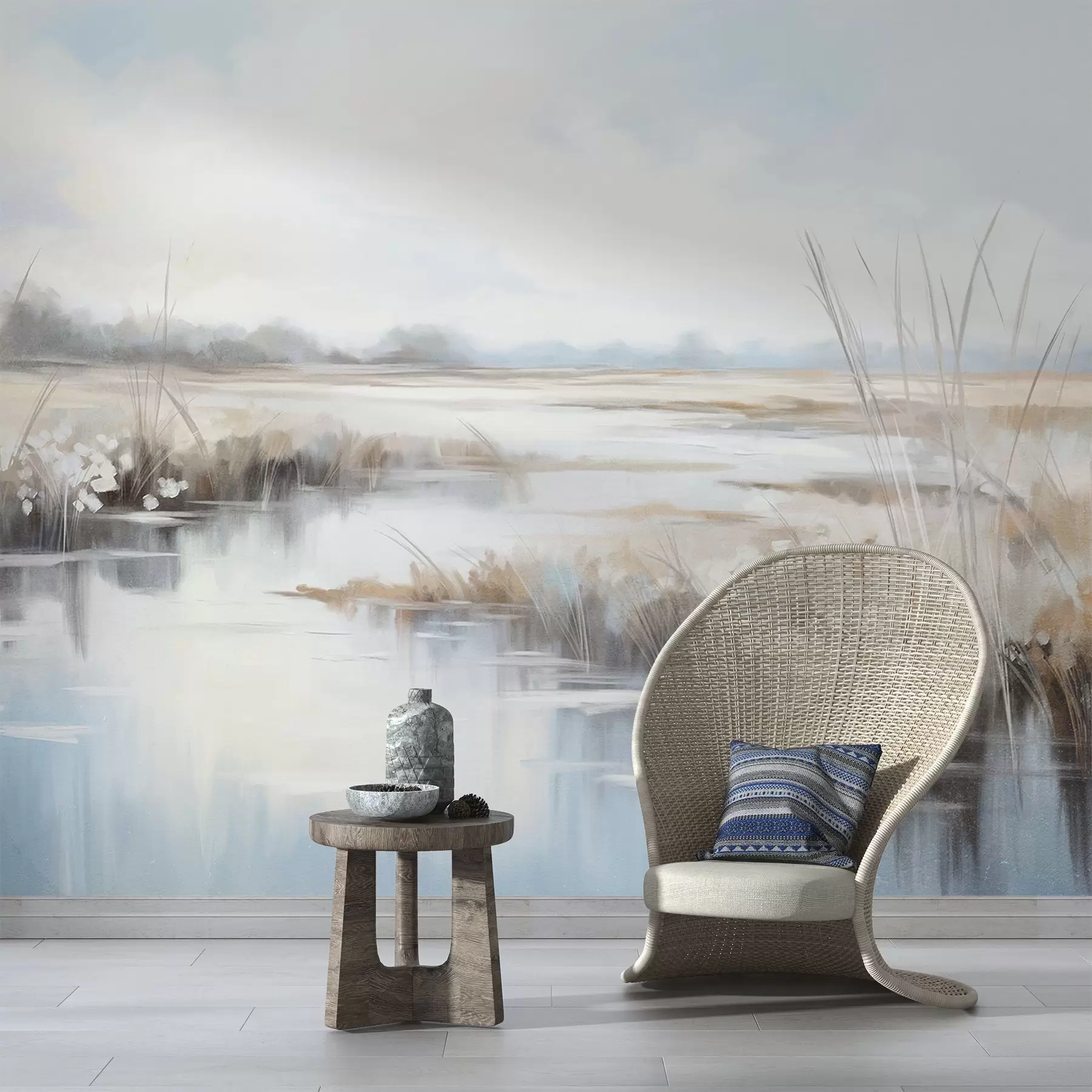 stenske poslikave Teksturirana mirna pokrajina z visoko travo in mirno vodo, mehke pastelne barve, oddaljena drevesa na obzorju w09213