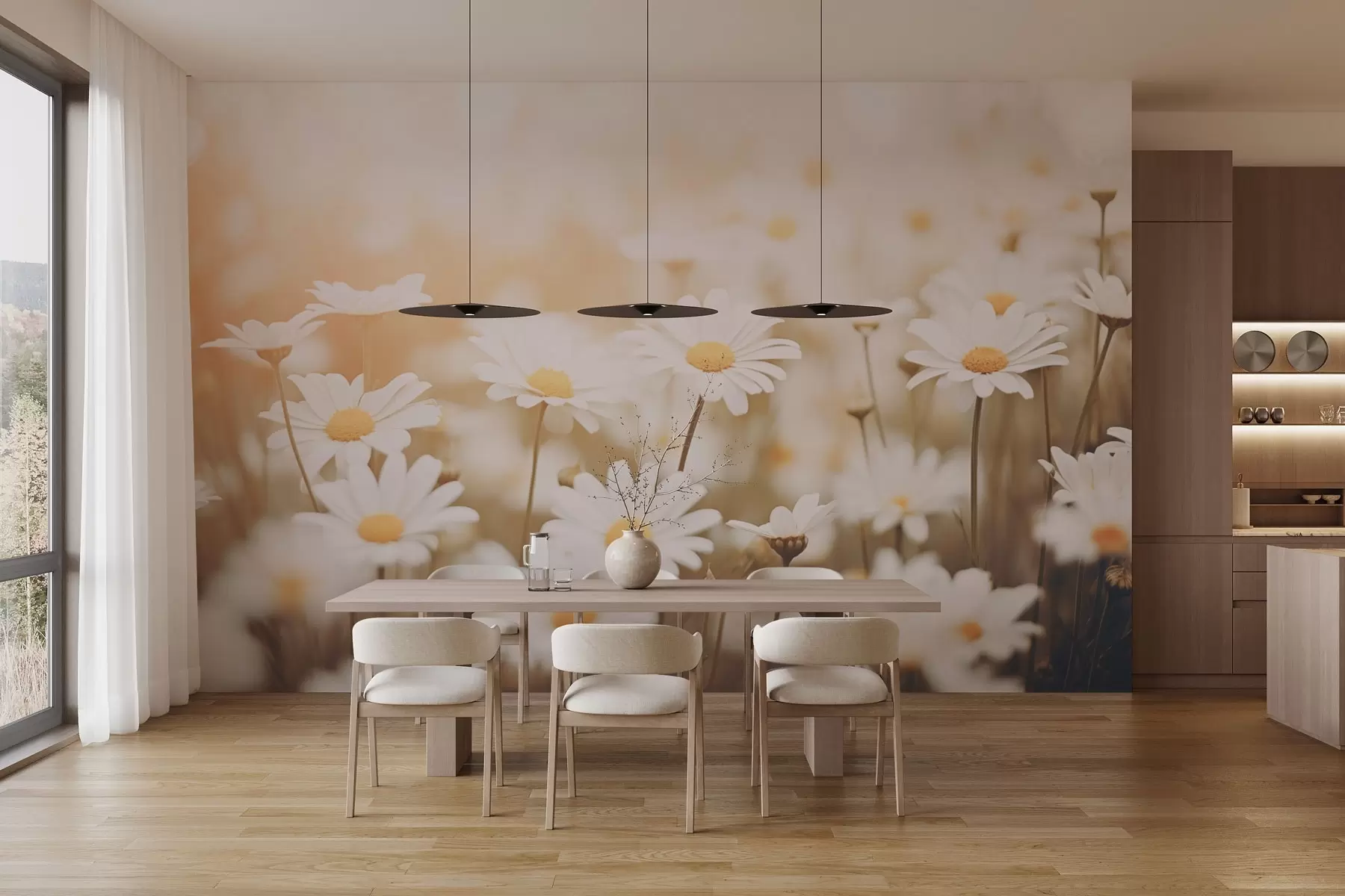 stenske poslikave Divje marjetice na svetlem ozadju z učinkom mehke ostrine w04161