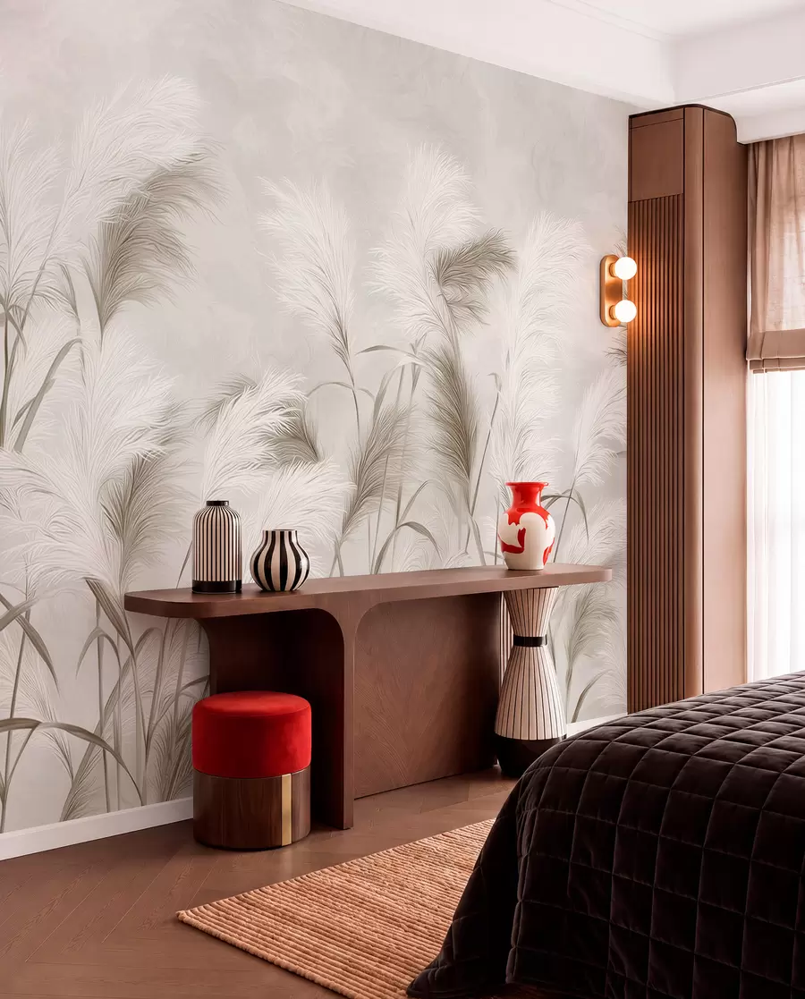 stenske poslikave Elegantna trava pampas cveti v sivih in rjavih tonih w09150