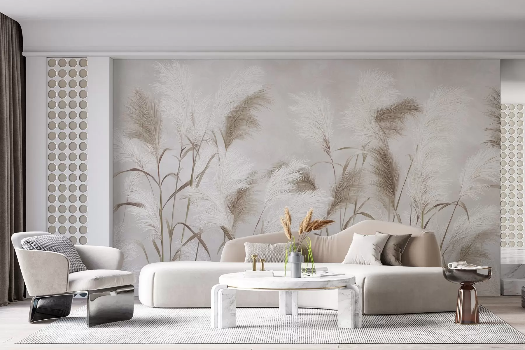 stenske poslikave Elegantna trava pampas cveti v sivih in rjavih tonih w09150