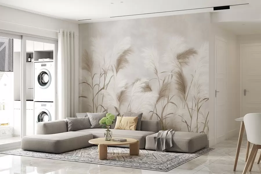 stenske poslikave Elegantna trava pampas cveti v sivih in rjavih tonih w09150