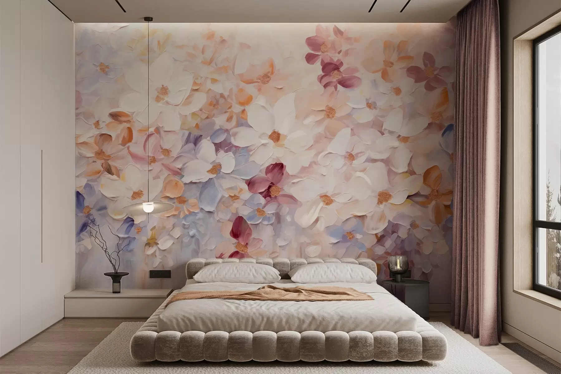 stenske poslikave Oljna slika, imitacija cvetličnega vrta z belimi, rožnatimi in oranžnimi cvetovi, mehkimi potezami čopiča, pastelnimi umirjenimi barvami w09236