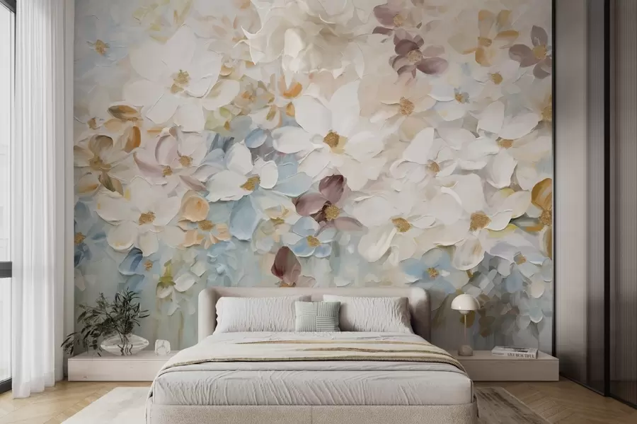 stenske poslikave Oljna slika, imitacija cvetličnega vrta z belimi, modrimi in oranžnimi cvetovi, mehkimi potezami čopiča, pastelnimi umirjenimi barvami w09236v1