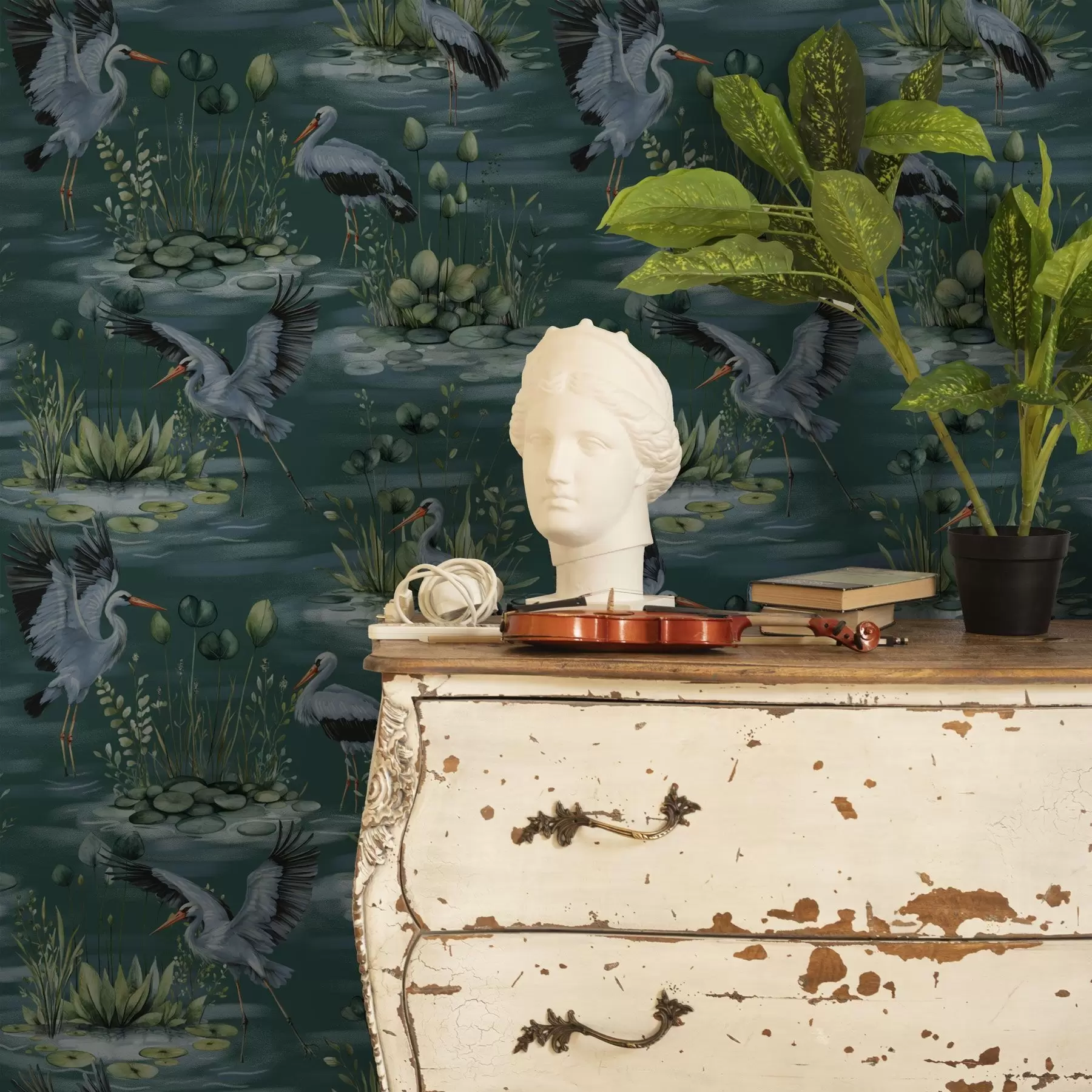 stenske poslikave Prizori s čapljami na ozadju ribnikov in vodnih lilij a00202