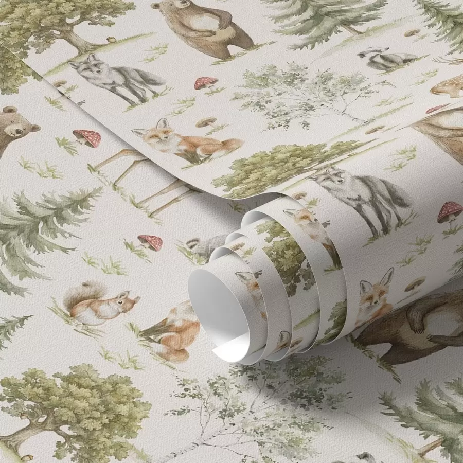 stenske poslikave Gozdne živali v mehkem akvarelnem slogu, drevesa in gobe a00212