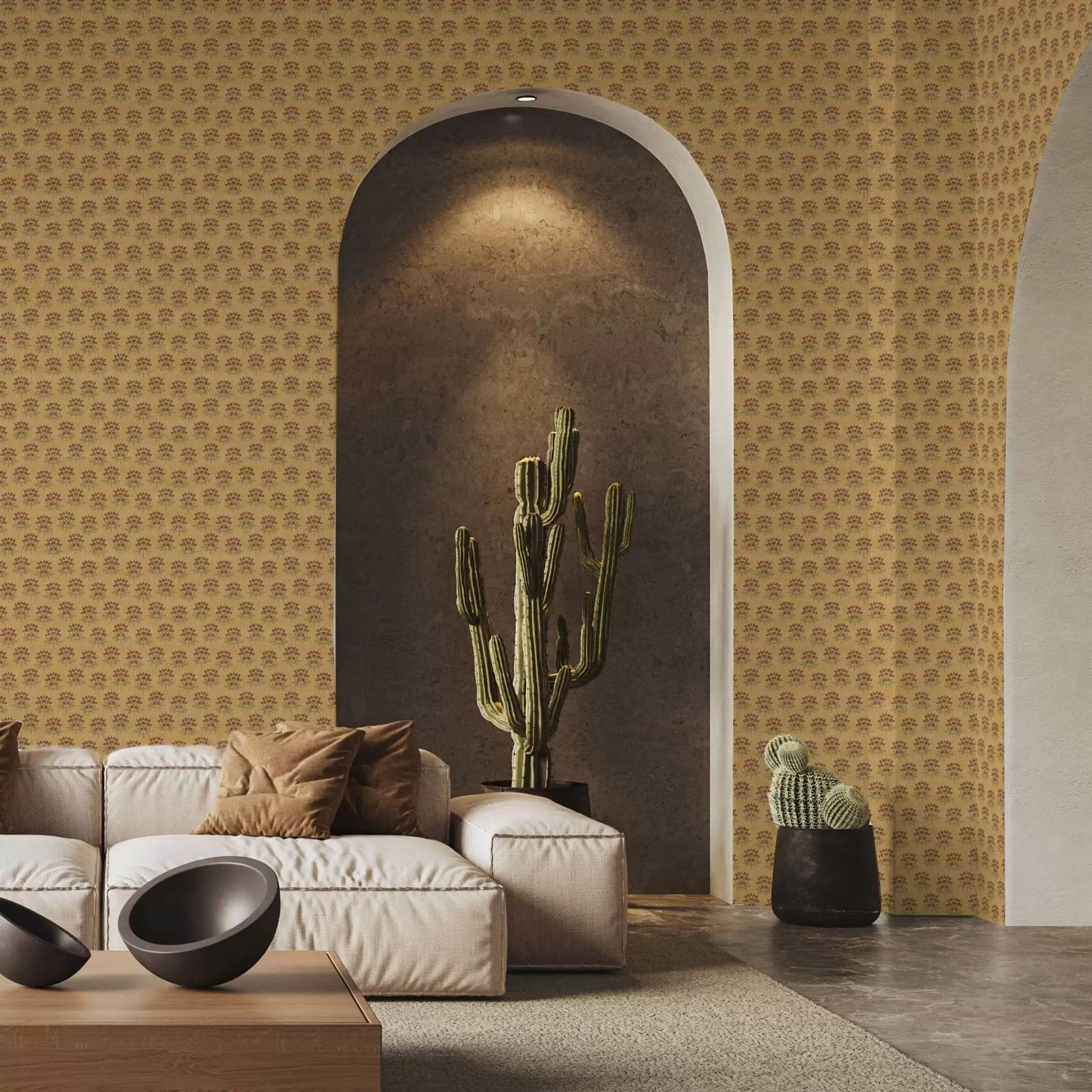 stenske poslikave Retro cvetlični vzorec z lotosi na rumenem ozadju a00238