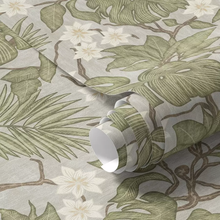 stenske poslikave Tropski listi in cvetovi monstere na sivem ozadju a00249