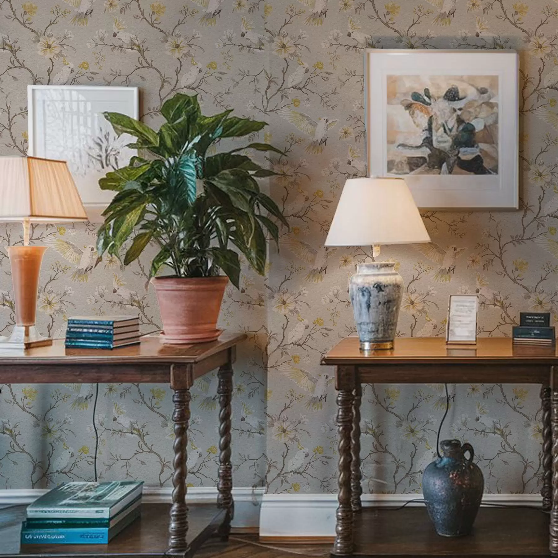 stenske poslikave Papige in rumeno cvetje na svetlem ozadju a00270