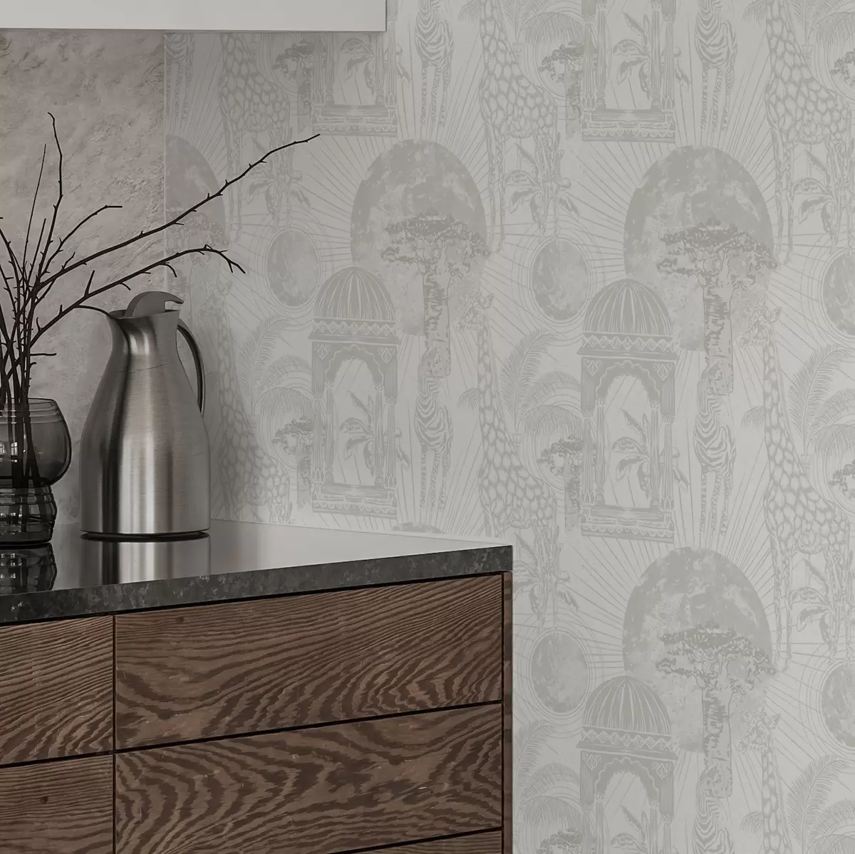 Ozadje Grafična ilustracija z žirafo, zebro in palmami a00276v1