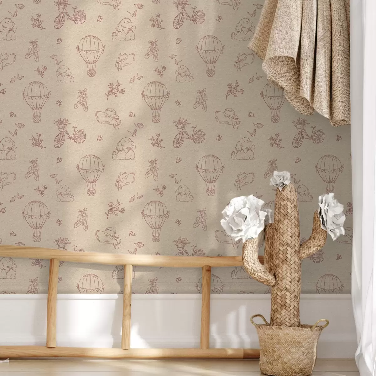 Ozadje Baby roza vzorec s psom, cvetjem in zrakom a00279