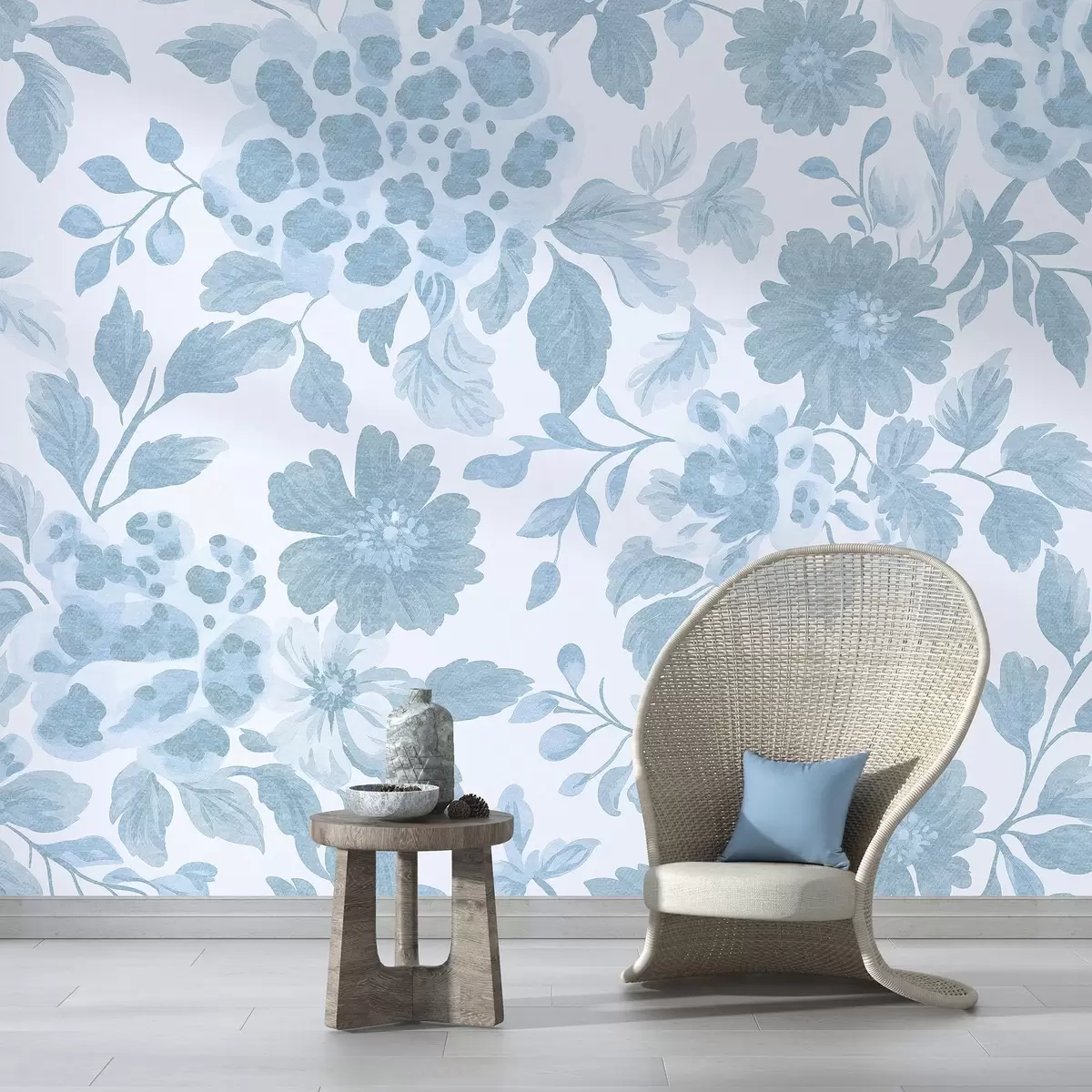 stenske poslikave Cvetje v boho slogu z leopardjim tiskom, modra barva w04114v1