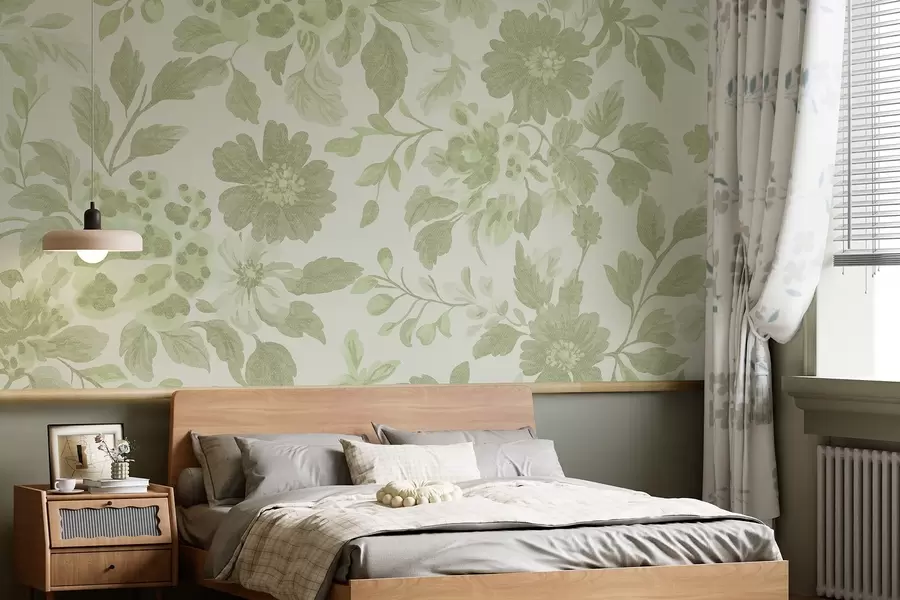 stenske poslikave Cvetje v boho slogu z leopardjim tiskom, zelena barva w04114v2