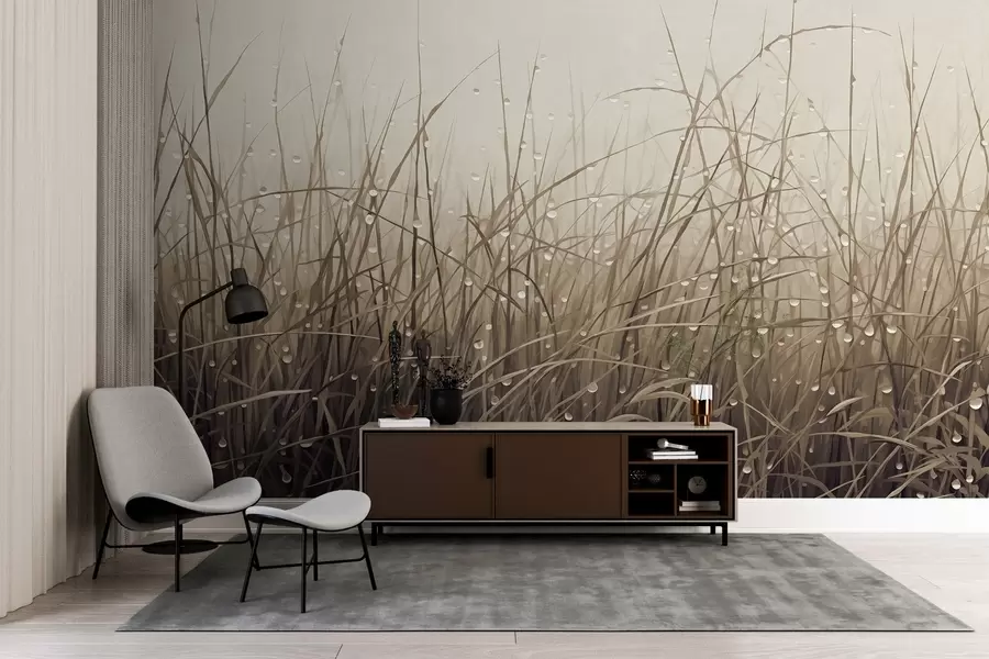 stenske poslikave Trava s kapljicami vode, utišani rjavi odtenki, mehka svetloba, megleno ozadje, abstraktni minimalistični teksturirani slog w09217v1