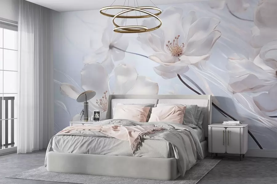 stenske poslikave Bele teksturirane prozorne rože z nežnimi cvetnimi listi, mehko svetlo modro ozadje, elegantno, romantično, zasanjano w09233