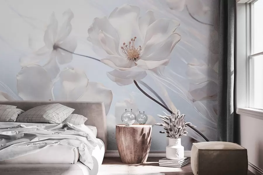 stenske poslikave Bele teksturirane prozorne rože z nežnimi cvetnimi listi, mehko svetlo modro ozadje, elegantno, romantično, zasanjano w09233