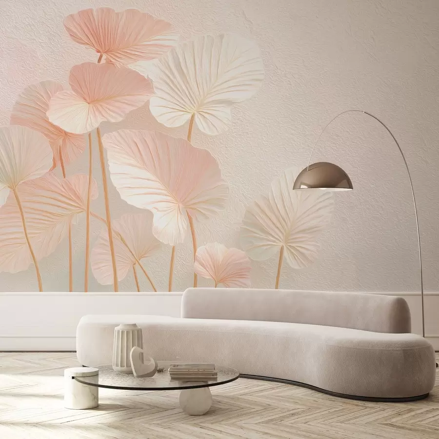 stenske poslikave Elegantni veliki tropski listi v nežni rožnati barvi w09252v1