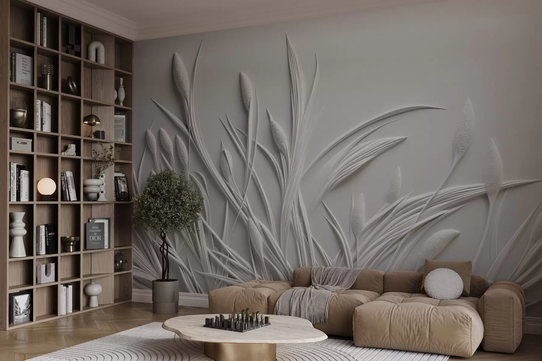 stenske poslikave Basrelief z nežnimi listi in pampami w04247