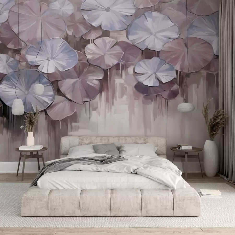 stenske poslikave Teksturirane lilije z vijoličnimi in modrimi barvami v ribniku, ozadje je zamegljena mešanica mehkih odtenkov vijolične barve w09255v1