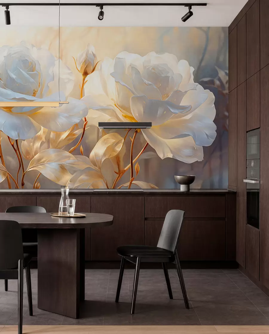 stenske poslikave Bele teksturirane vrtnice z rumenimi stebli in listi, mehka osvetlitev, svetlo ozadje z zamegljenimi cvetličnimi oblikami w09258