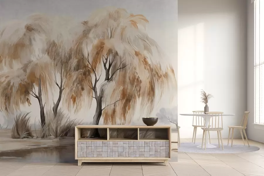 stenske poslikave Teksturirane vrbe z rjavimi in belimi listi na obali jezera z nekaj trave okoli njih v meglenem dnevu w09268