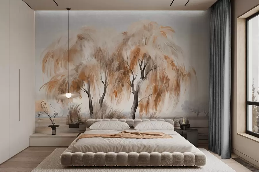 stenske poslikave Teksturirane vrbe z rjavimi in belimi listi na obali jezera z nekaj trave okoli njih v meglenem dnevu w09268