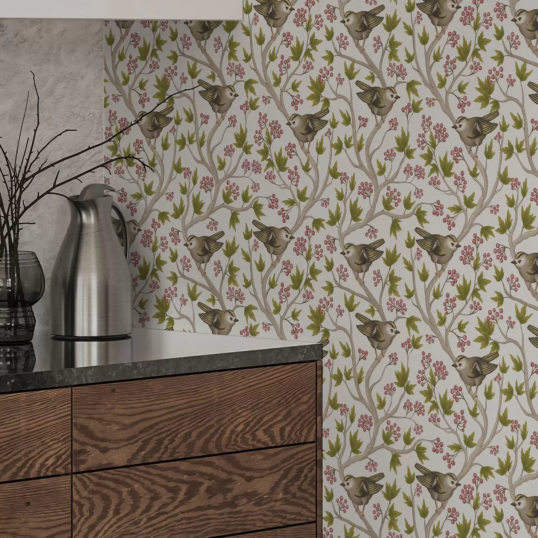 stenske poslikave Ptice na vejah z listi in jagodami na belem ozadju a00283